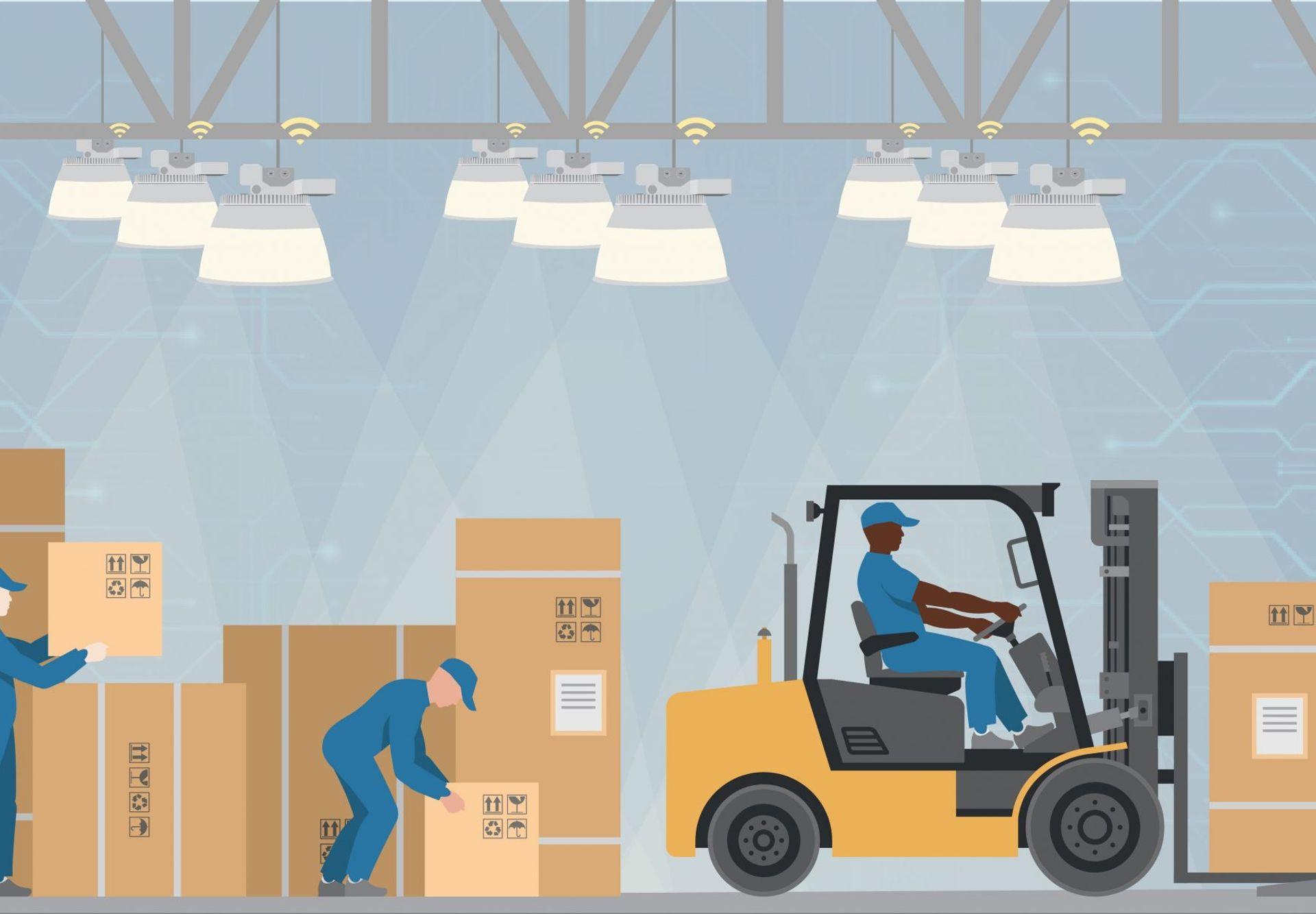 illustration of factory workers operating forklift under intelligent factory lighting